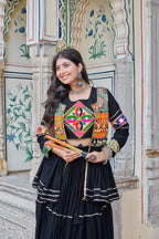 Pure Cotton Black Navratri Lehenga Choli with Gamthi Work Koti & 9 Meter Flair