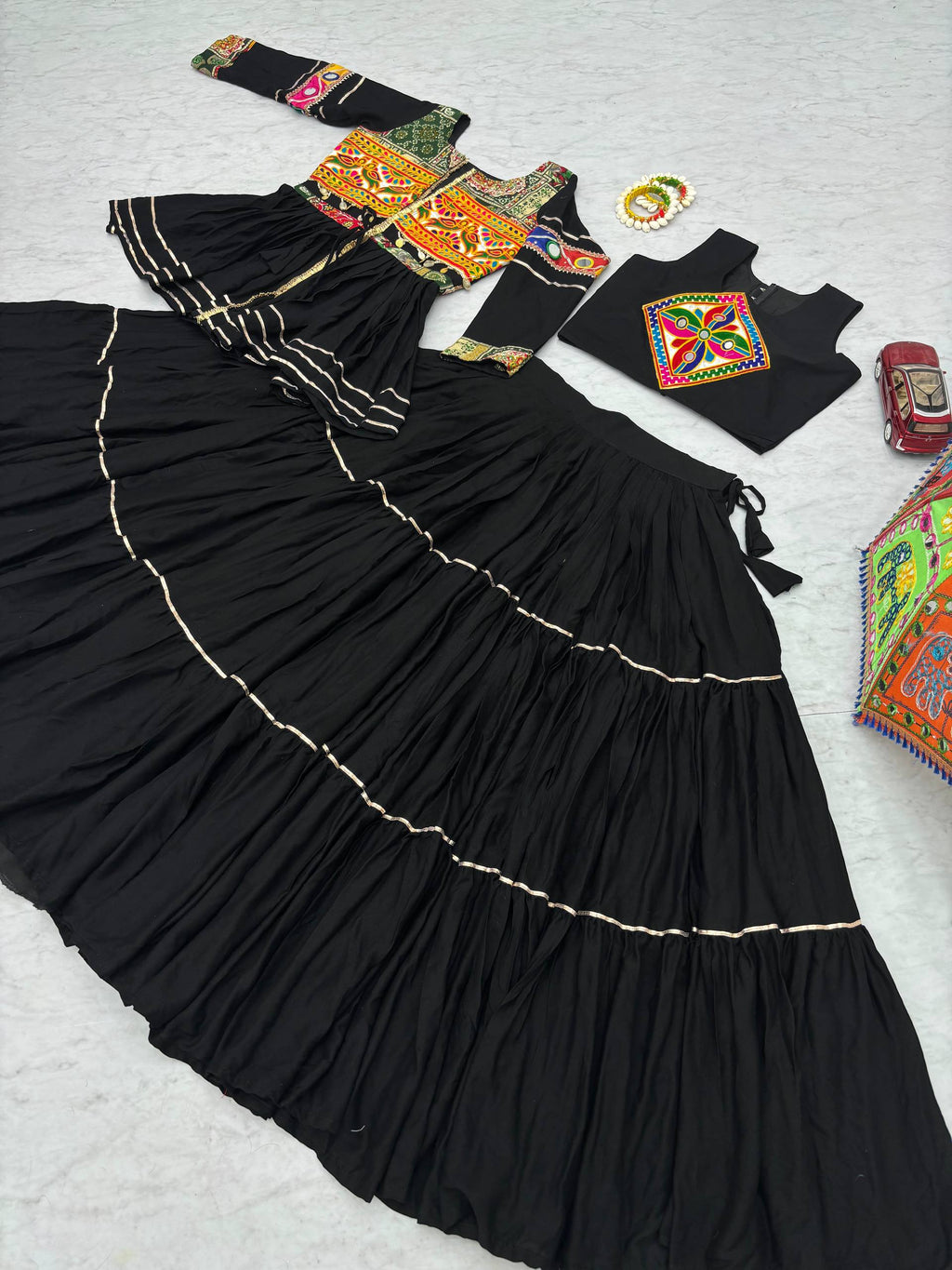 Pure Cotton Black Navratri Lehenga Choli with Gamthi Work Koti & 9 Meter Flair