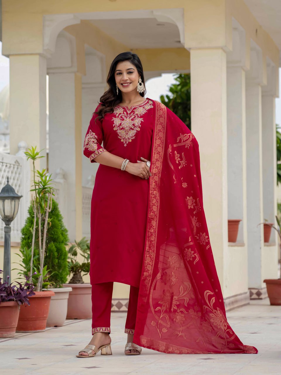Moonpalav Majestic Maroon Roman Silk Sequinned Kurta Set with Jacquard Dupatta