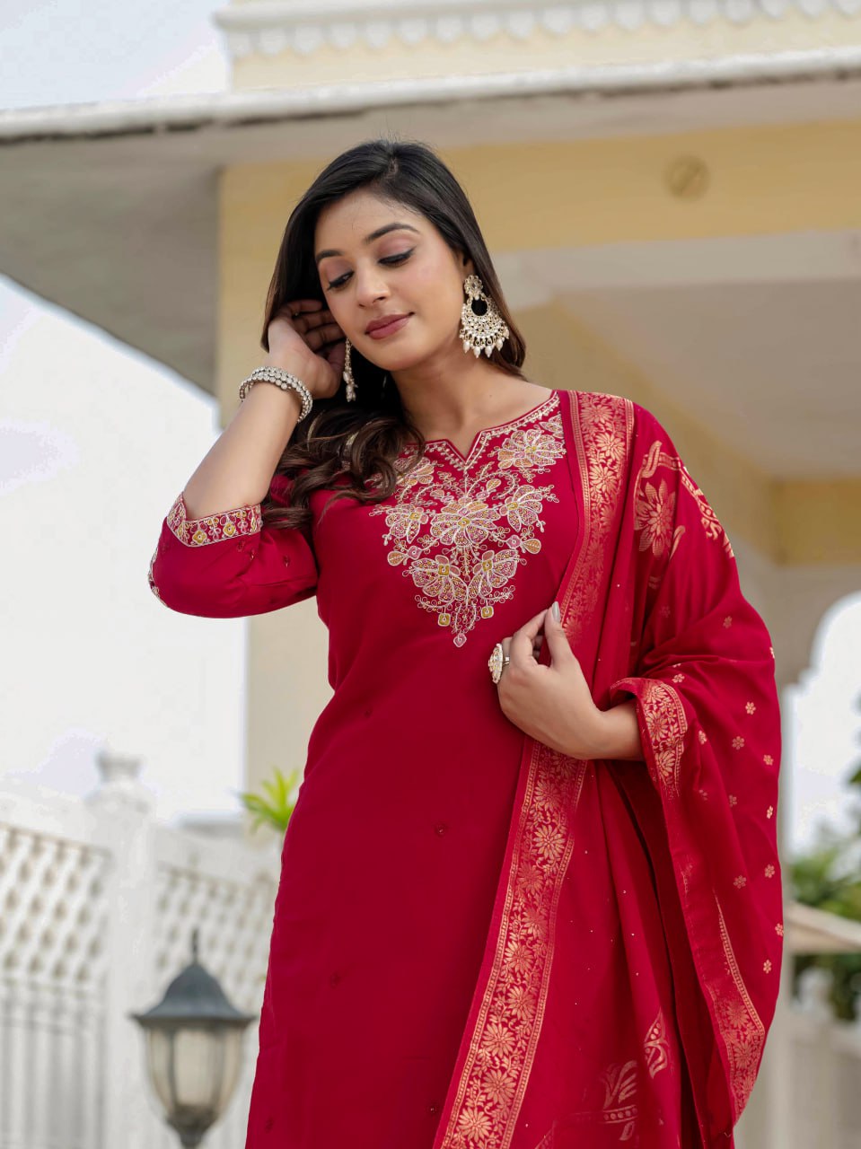 Moonpalav Majestic Maroon Roman Silk Sequinned Kurta Set with Jacquard Dupatta