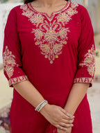 Moonpalav Majestic Maroon Roman Silk Sequinned Kurta Set with Jacquard Dupatta