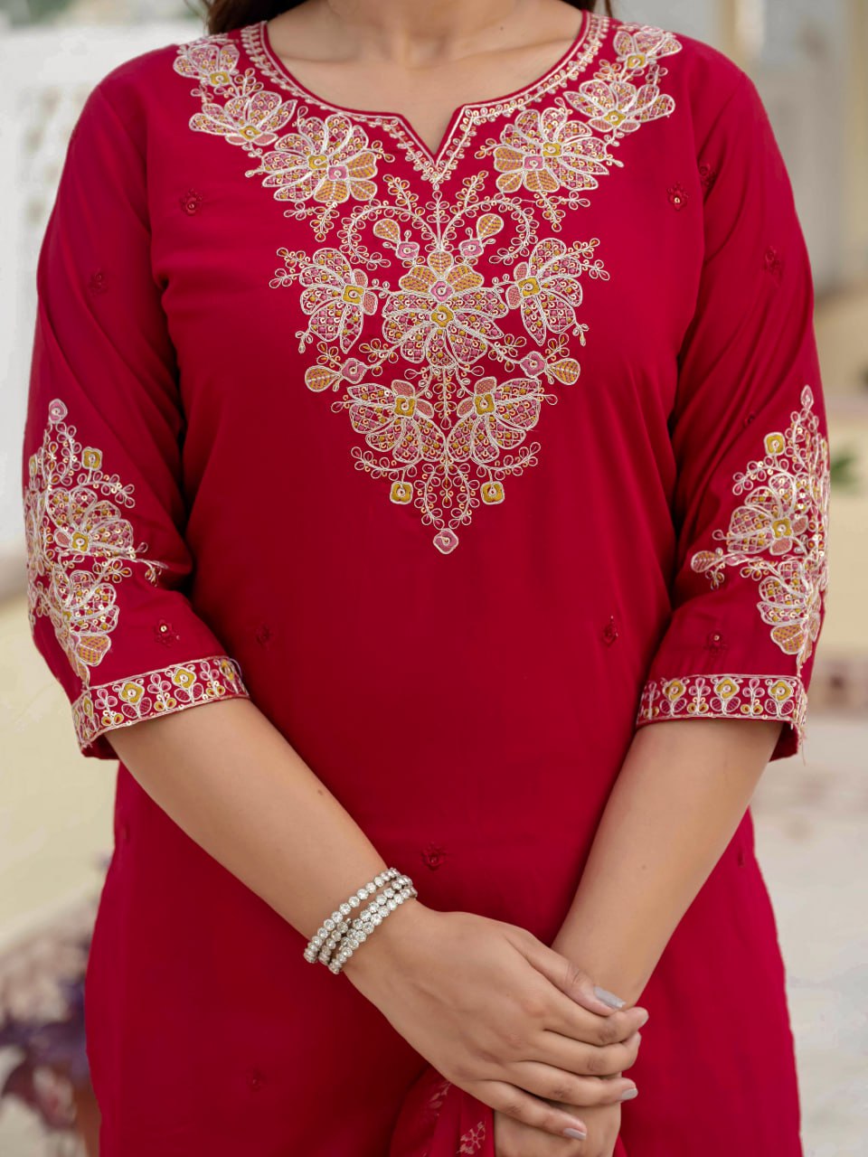 Moonpalav Majestic Maroon Roman Silk Sequinned Kurta Set with Jacquard Dupatta