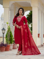 Moonpalav Majestic Maroon Roman Silk Sequinned Kurta Set with Jacquard Dupatta