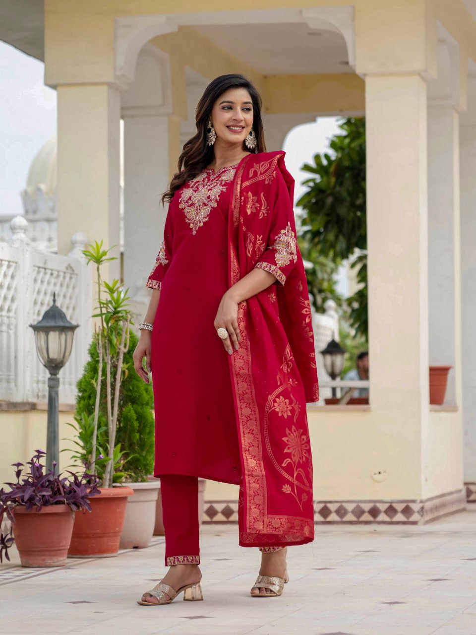 Moonpalav Majestic Maroon Roman Silk Sequinned Kurta Set with Jacquard Dupatta