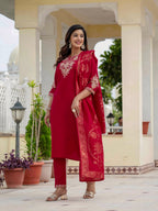 Moonpalav Majestic Maroon Roman Silk Sequinned Kurta Set with Jacquard Dupatta