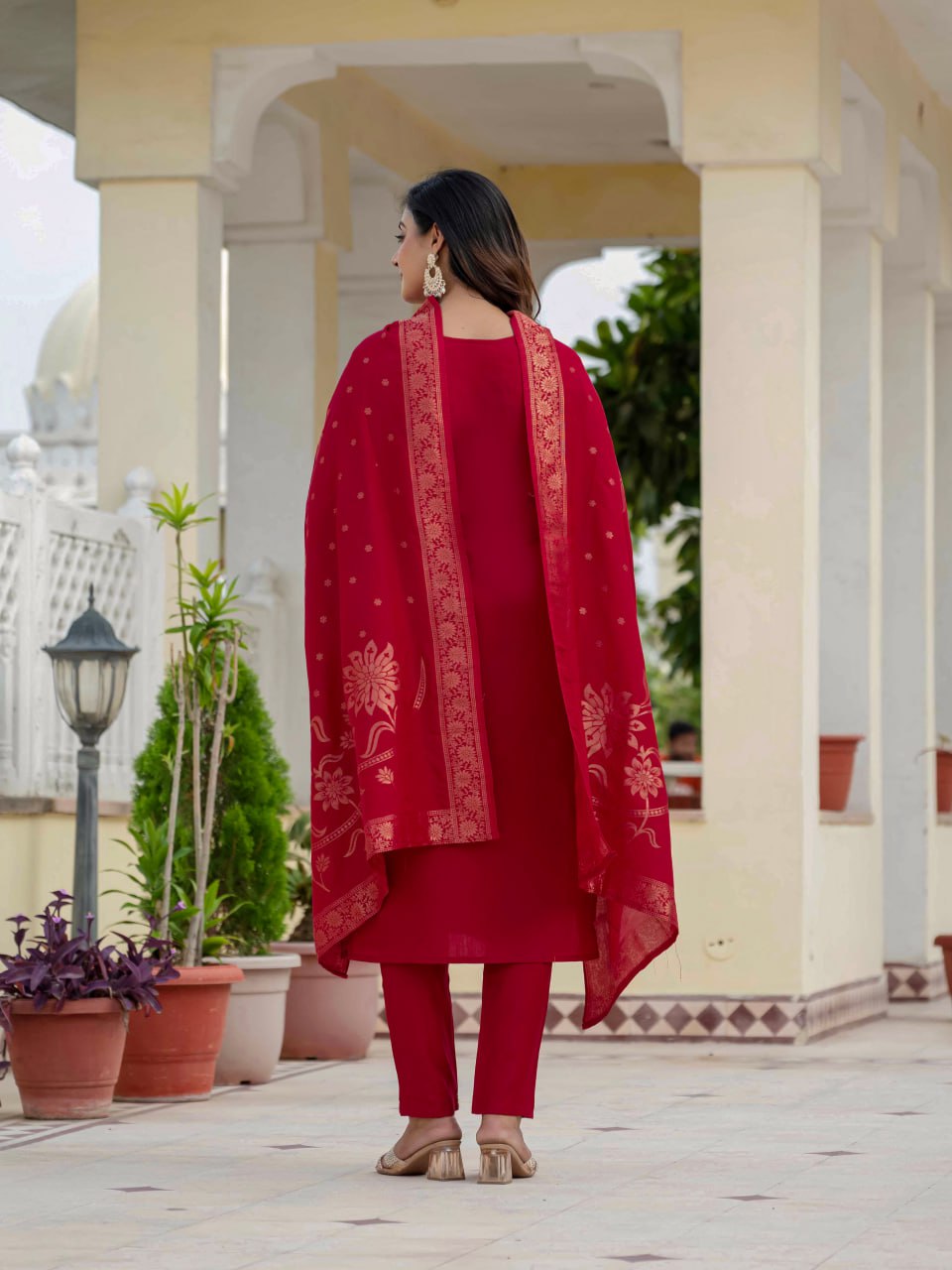 Moonpalav Majestic Maroon Roman Silk Sequinned Kurta Set with Jacquard Dupatta