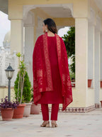 Moonpalav Majestic Maroon Roman Silk Sequinned Kurta Set with Jacquard Dupatta