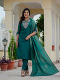 Moonpalav Bottle Green Roman Silk Sequinned Kurta Set with Jacquard Dupatta