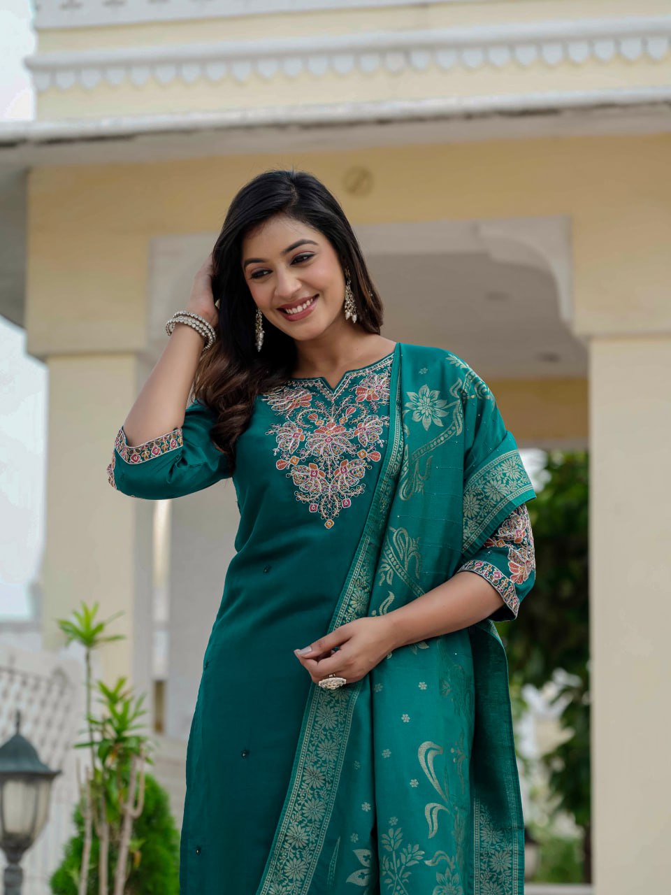 Moonpalav Bottle Green Roman Silk Sequinned Kurta Set with Jacquard Dupatta