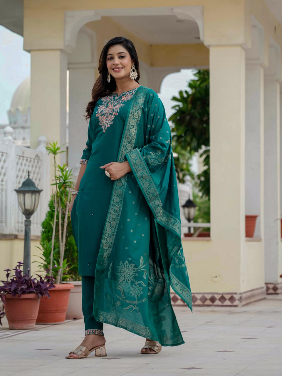 Moonpalav Bottle Green Roman Silk Sequinned Kurta Set with Jacquard Dupatta