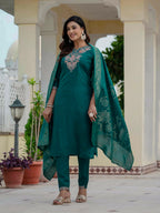 Moonpalav Bottle Green Roman Silk Sequinned Kurta Set with Jacquard Dupatta