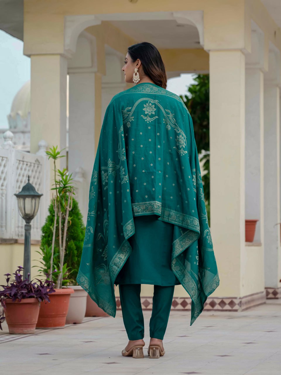 Moonpalav Bottle Green Roman Silk Sequinned Kurta Set with Jacquard Dupatta