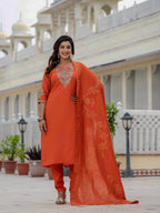 Moonpalav Vibrant Orange Roman Silk Sequinned Kurta Set with Jacquard Dupatta