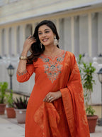 Moonpalav Vibrant Orange Roman Silk Sequinned Kurta Set with Jacquard Dupatta