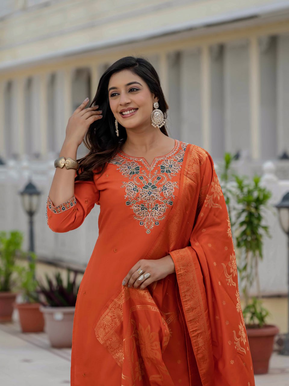 Moonpalav Vibrant Orange Roman Silk Sequinned Kurta Set with Jacquard Dupatta