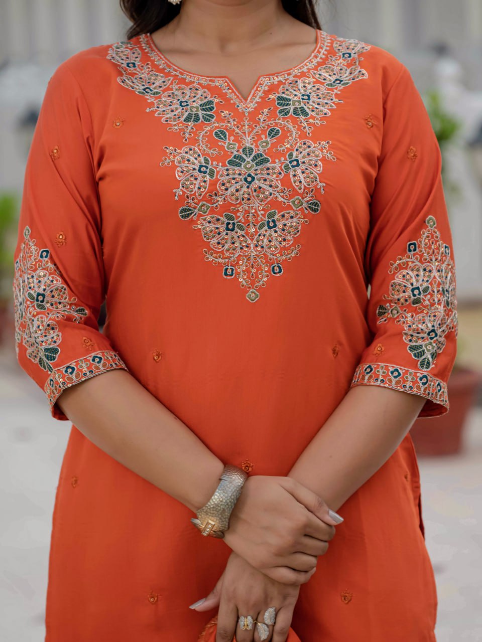Moonpalav Vibrant Orange Roman Silk Sequinned Kurta Set with Jacquard Dupatta