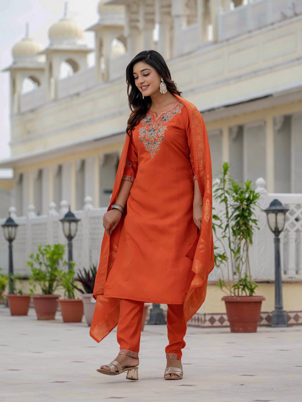 Moonpalav Vibrant Orange Roman Silk Sequinned Kurta Set with Jacquard Dupatta