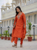 Moonpalav Vibrant Orange Roman Silk Sequinned Kurta Set with Jacquard Dupatta