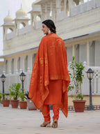 Moonpalav Vibrant Orange Roman Silk Sequinned Kurta Set with Jacquard Dupatta