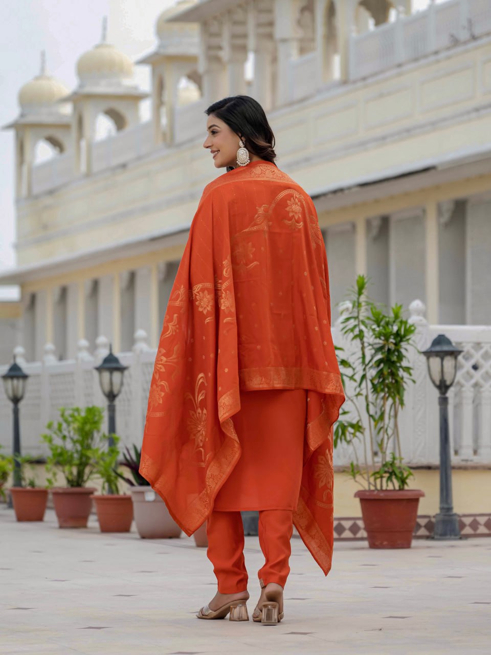 Moonpalav Vibrant Orange Roman Silk Sequinned Kurta Set with Jacquard Dupatta