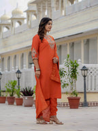 Moonpalav Vibrant Orange Roman Silk Sequinned Kurta Set with Jacquard Dupatta