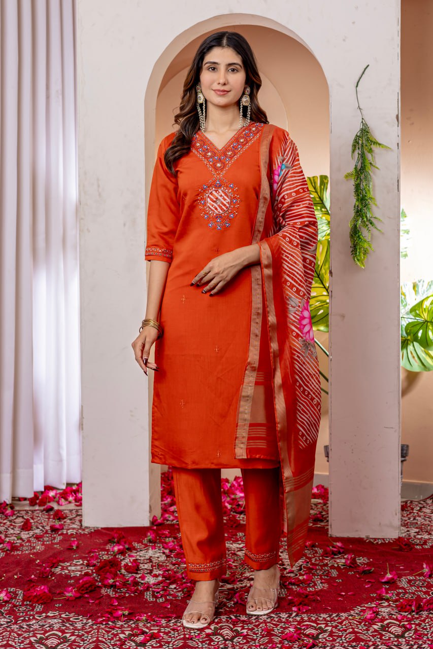 Moonpalav Vibrant Orange Embroidered Silk Kurta Set with Zari Border Dupatta