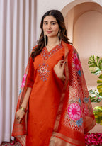 Moonpalav Vibrant Orange Embroidered Silk Kurta Set with Zari Border Dupatta
