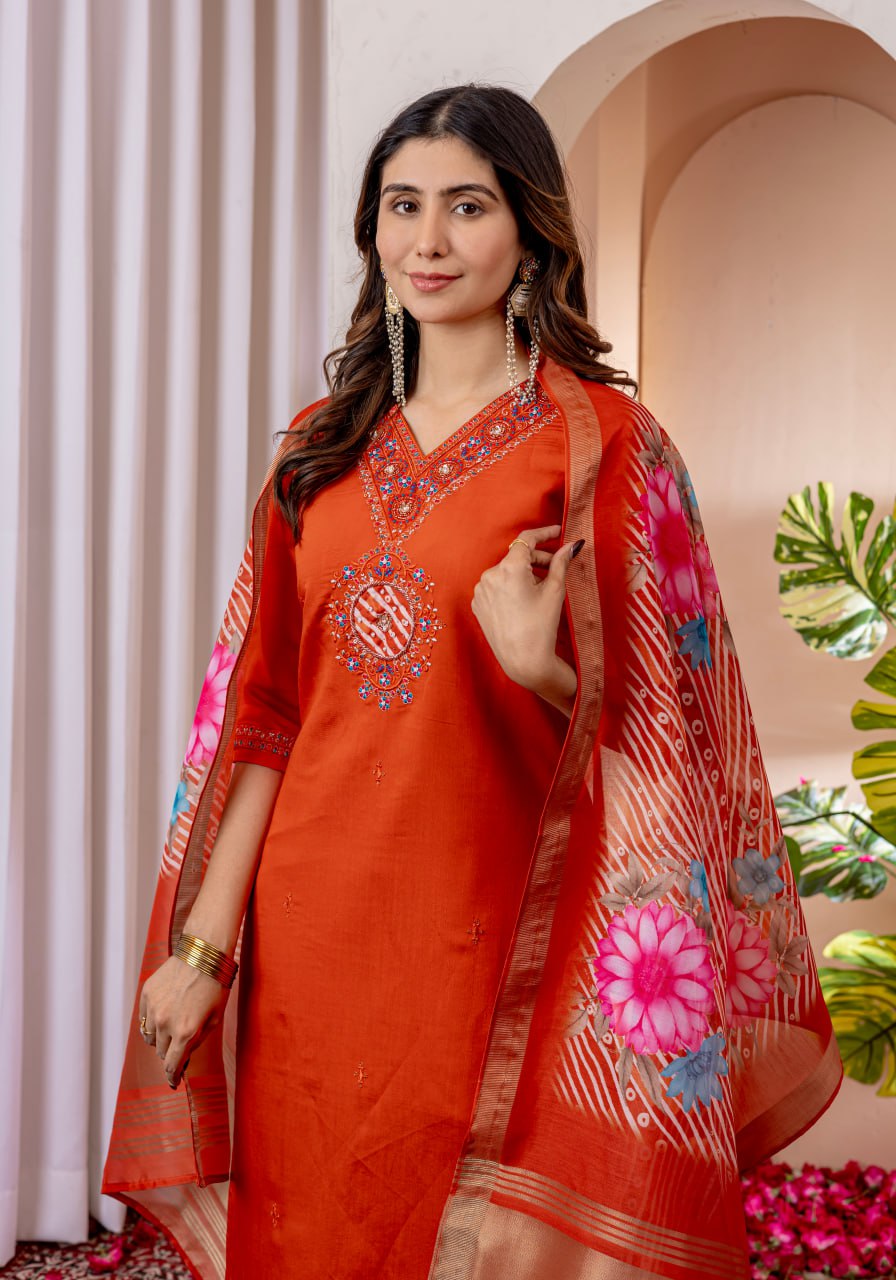 Moonpalav Vibrant Orange Embroidered Silk Kurta Set with Zari Border Dupatta