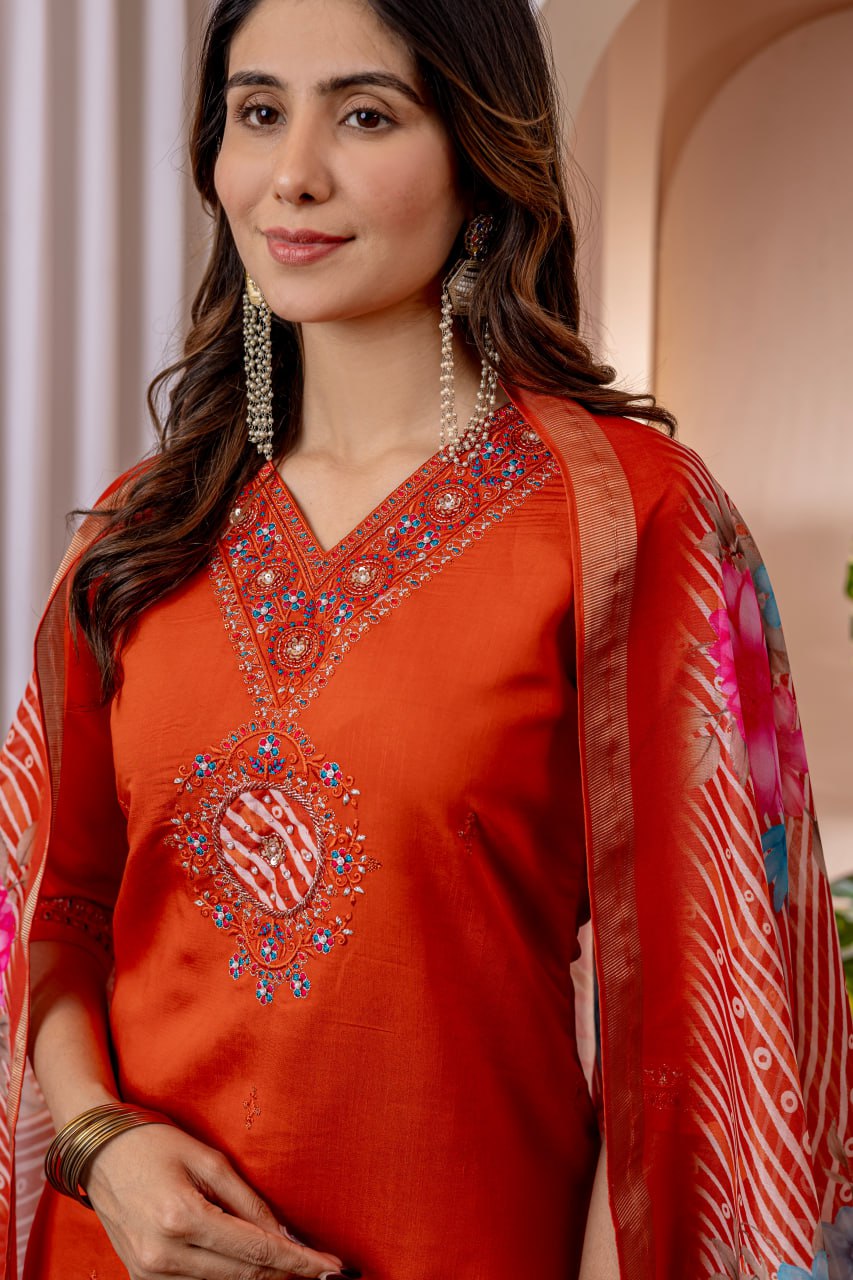 Moonpalav Vibrant Orange Embroidered Silk Kurta Set with Zari Border Dupatta