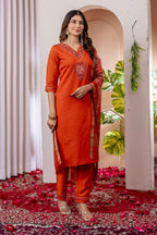 Moonpalav Vibrant Orange Embroidered Silk Kurta Set with Zari Border Dupatta
