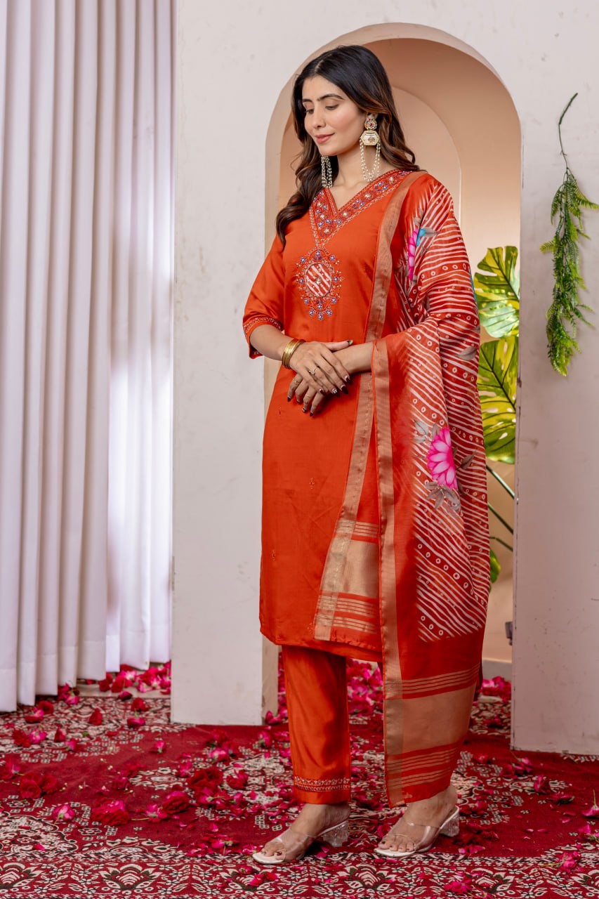 Moonpalav Vibrant Orange Embroidered Silk Kurta Set with Zari Border Dupatta