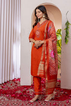 Moonpalav Vibrant Orange Embroidered Silk Kurta Set with Zari Border Dupatta