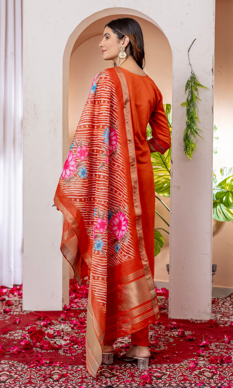 Moonpalav Vibrant Orange Embroidered Silk Kurta Set with Zari Border Dupatta