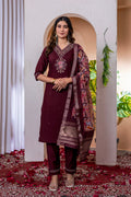 Moonpalav Deep Wine Embroidered Silk Kurta Set with Zari Border Dupatta