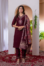 Moonpalav Deep Wine Embroidered Silk Kurta Set with Zari Border Dupatta