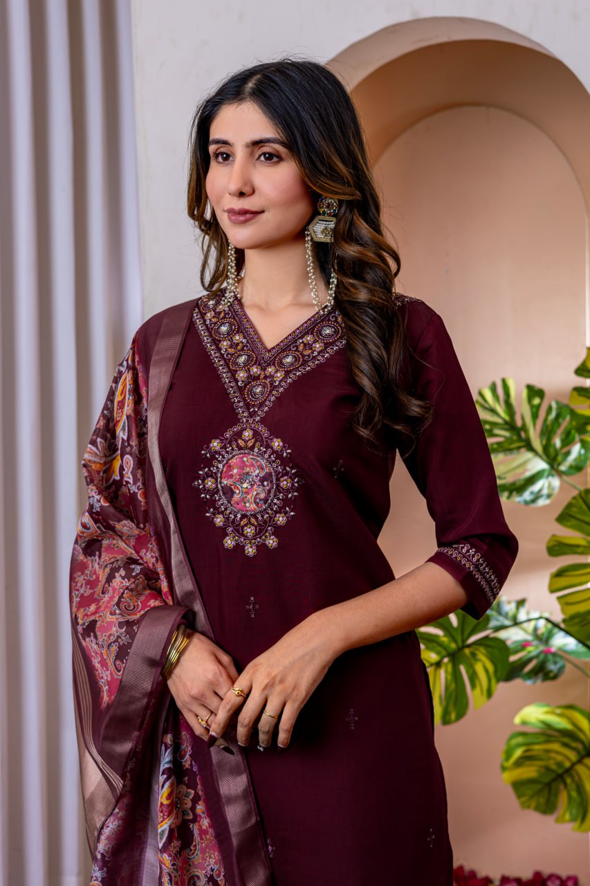 Moonpalav Deep Wine Embroidered Silk Kurta Set with Zari Border Dupatta
