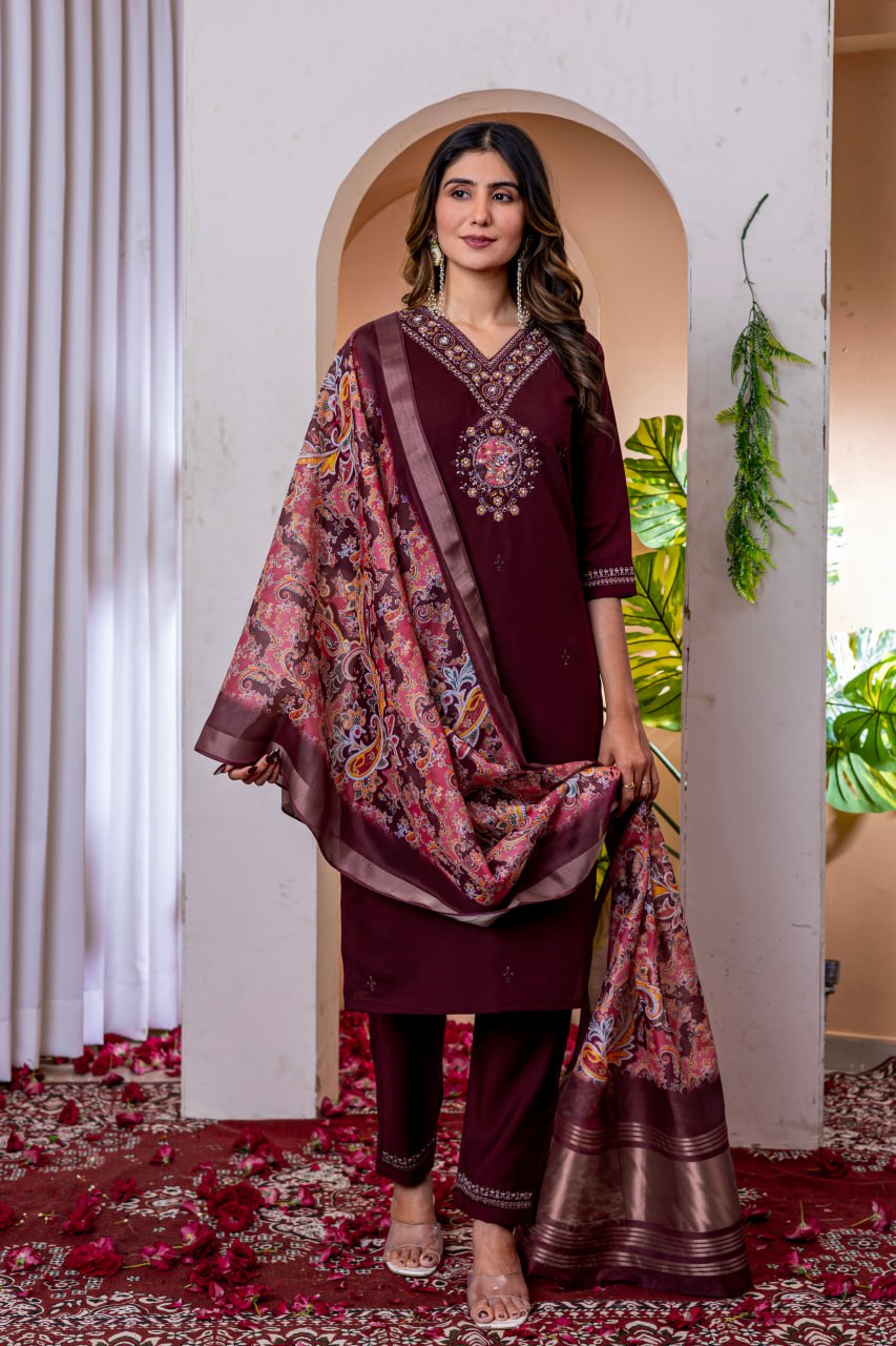 Moonpalav Deep Wine Embroidered Silk Kurta Set with Zari Border Dupatta