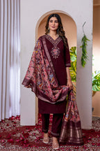 Moonpalav Deep Wine Embroidered Silk Kurta Set with Zari Border Dupatta