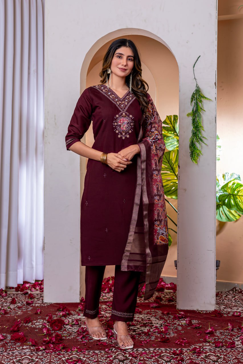 Moonpalav Deep Wine Embroidered Silk Kurta Set with Zari Border Dupatta