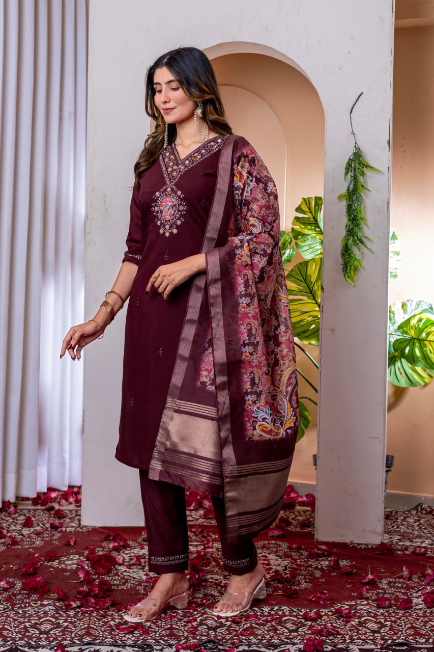 Moonpalav Deep Wine Embroidered Silk Kurta Set with Zari Border Dupatta