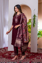 Moonpalav Deep Wine Embroidered Silk Kurta Set with Zari Border Dupatta