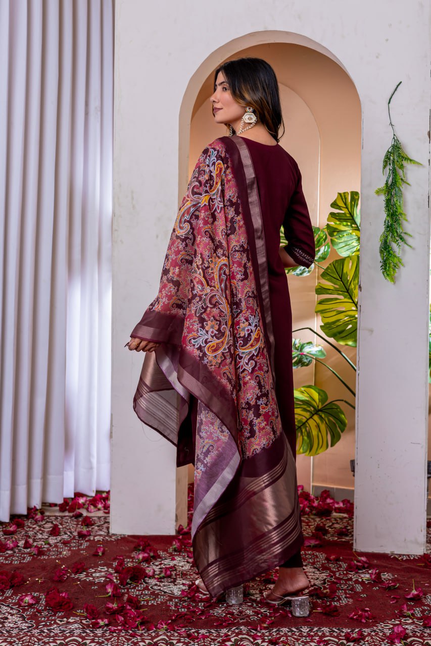 Moonpalav Deep Wine Embroidered Silk Kurta Set with Zari Border Dupatta