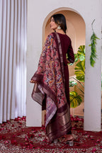 Moonpalav Deep Wine Embroidered Silk Kurta Set with Zari Border Dupatta