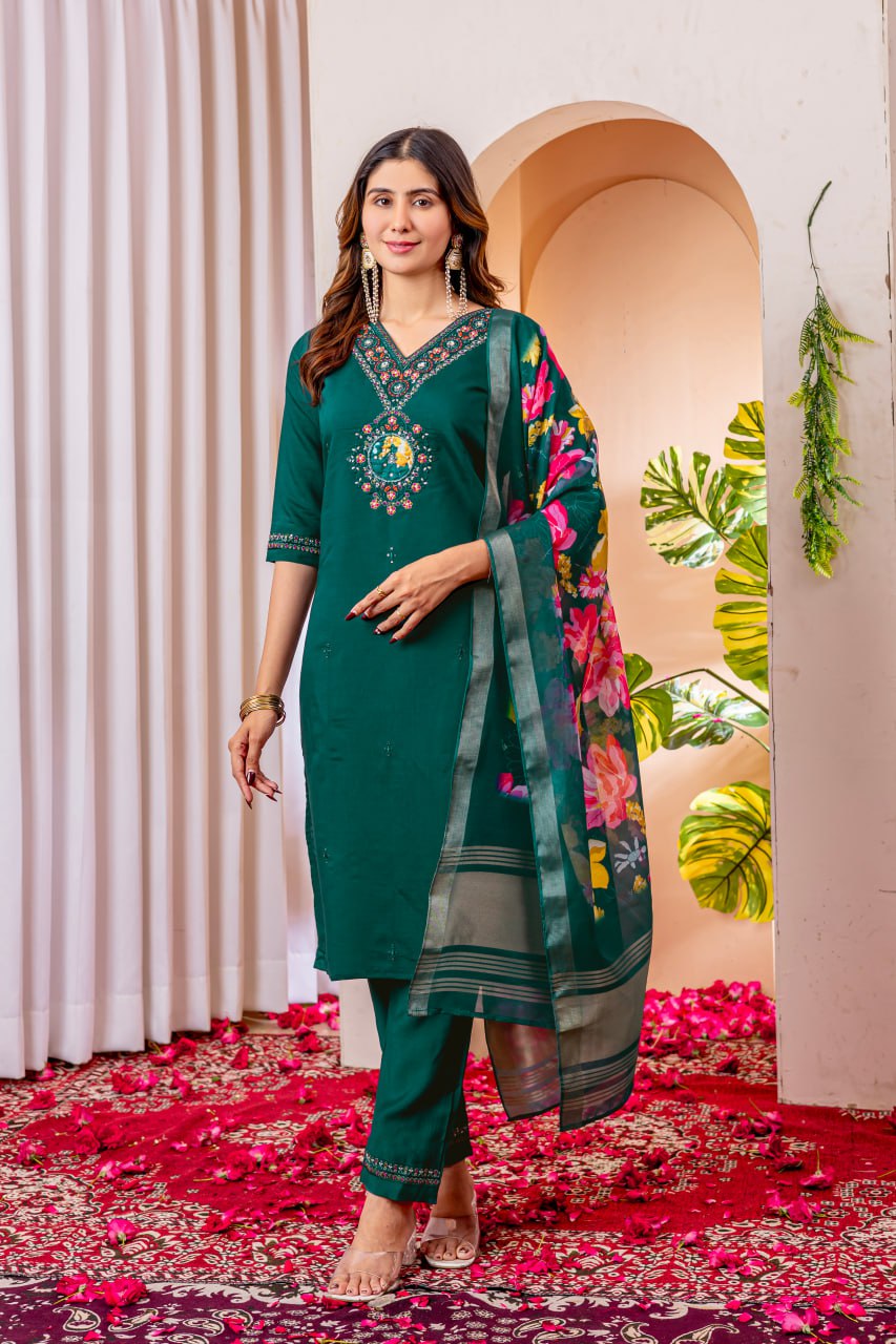 Moonpalav Teal Green Embroidered Silk Kurta Set with Zari Border Dupatta