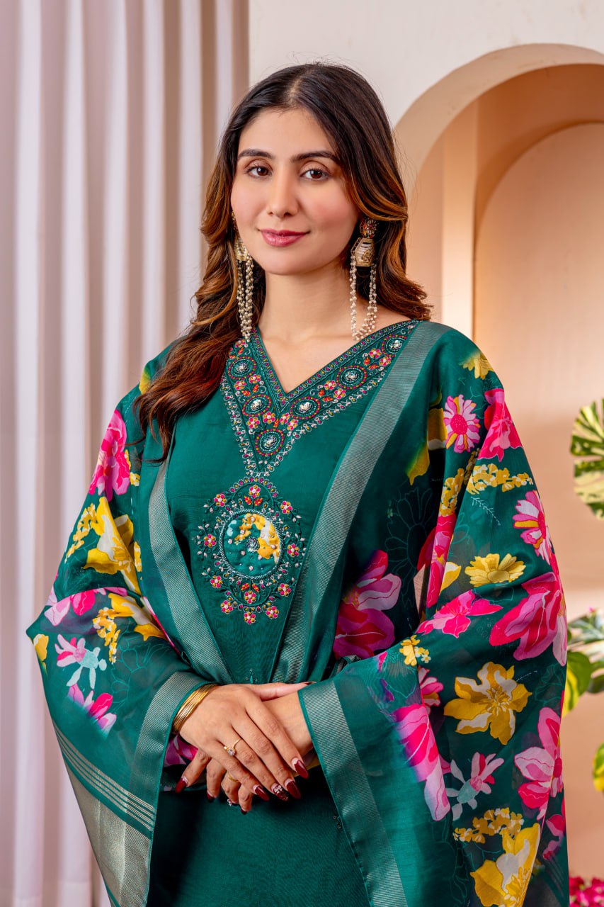 Moonpalav Teal Green Embroidered Silk Kurta Set with Zari Border Dupatta