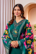 Moonpalav Teal Green Embroidered Silk Kurta Set with Zari Border Dupatta