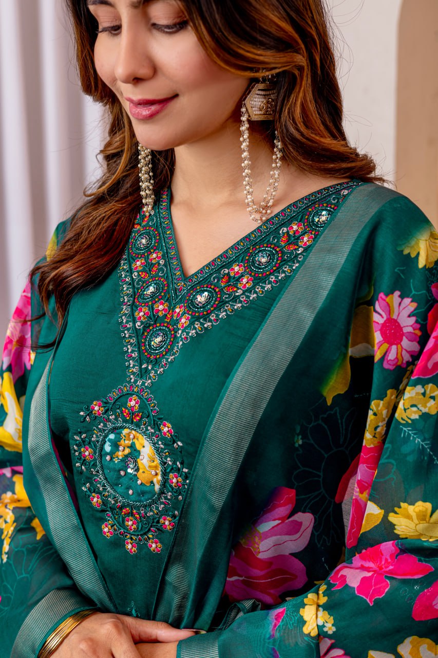 Moonpalav Teal Green Embroidered Silk Kurta Set with Zari Border Dupatta