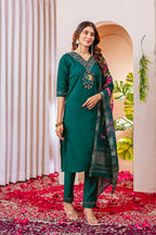 Moonpalav Teal Green Embroidered Silk Kurta Set with Zari Border Dupatta