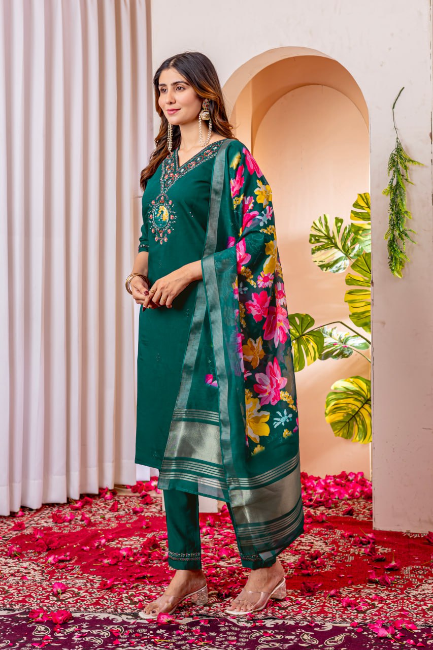 Moonpalav Teal Green Embroidered Silk Kurta Set with Zari Border Dupatta