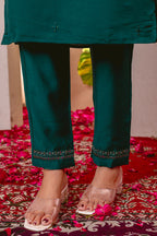 Moonpalav Teal Green Embroidered Silk Kurta Set with Zari Border Dupatta